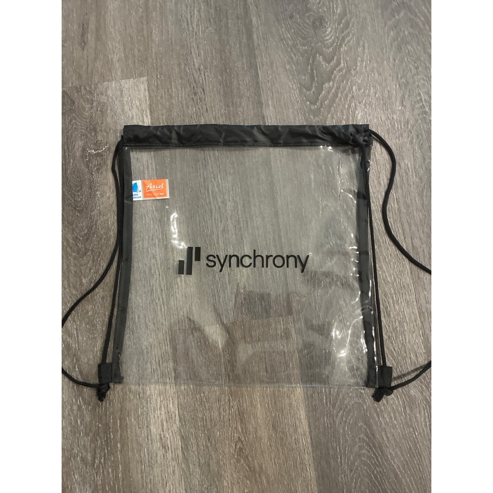 Synchrony‎ Clear Drawstring Backpack Stadium Approved Transparent Bag Black Trim